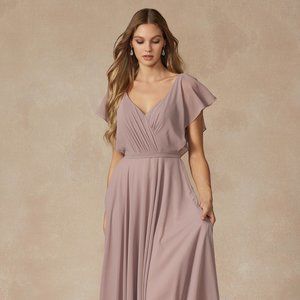 NEW FLOOR LENGTH A-LINE POLYESTER DRESS WITH V-NECK & CASCADE ZIPPER BACK JT 261